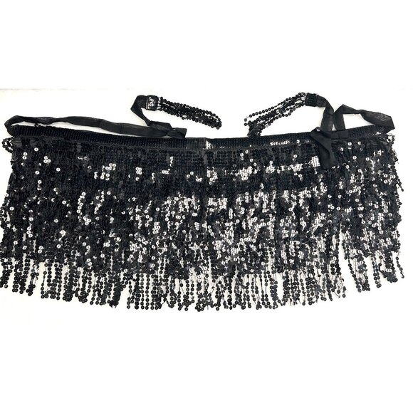 Black Sequin Belly Dance Hip Scarf Fringe Tassel Halloween Costume sparkle flow - Picture 1 of 7